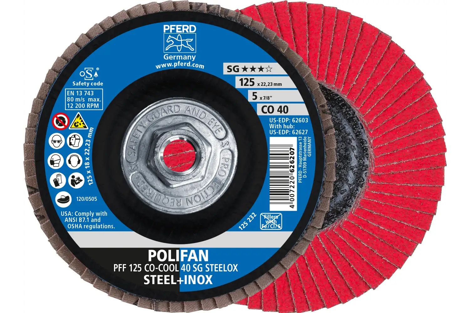 Picture of Pferd Flap Disc, 5" x 5/8-11, Co-Cool SG Steelox, 40 Grit, T27, Flat, Ceramic oxide